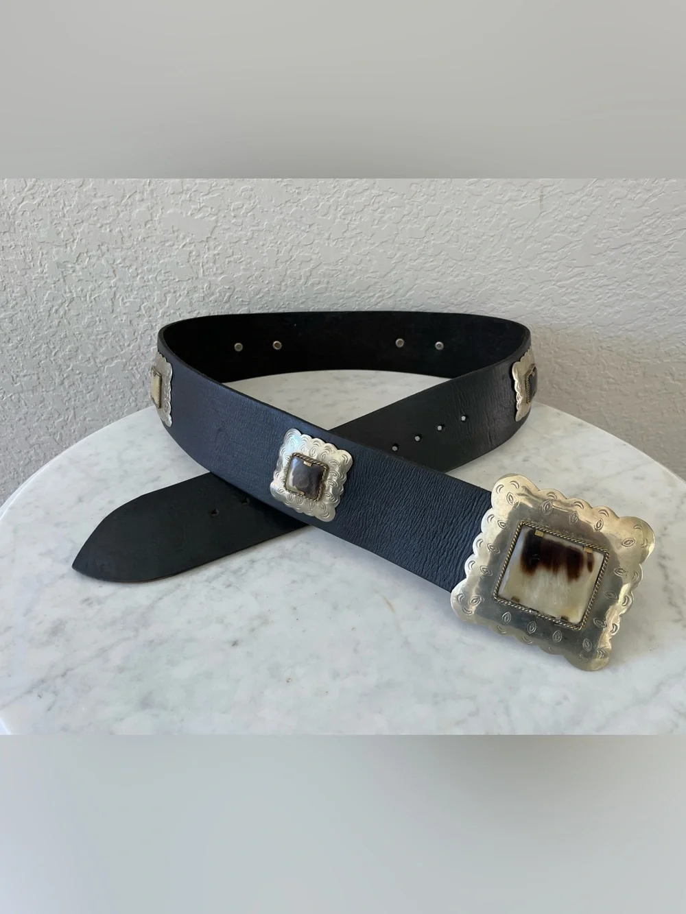 Vintage Silver Tone Concho Black Leather Bone Inlay Belt Engraved Western Belt